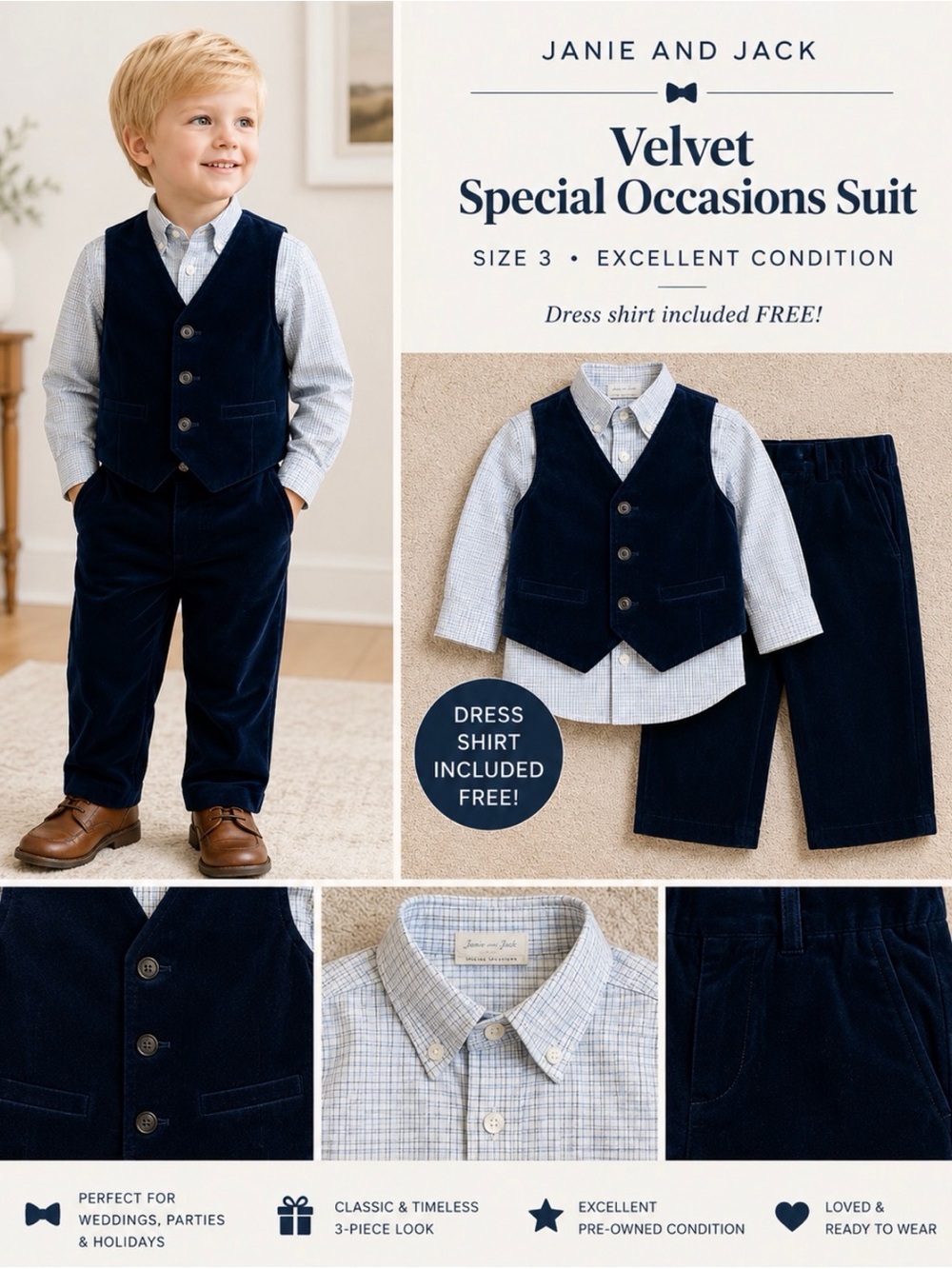 Janie and Jack Navy Velvet Special Occasion Vest & Pants Set with Dress Shirt